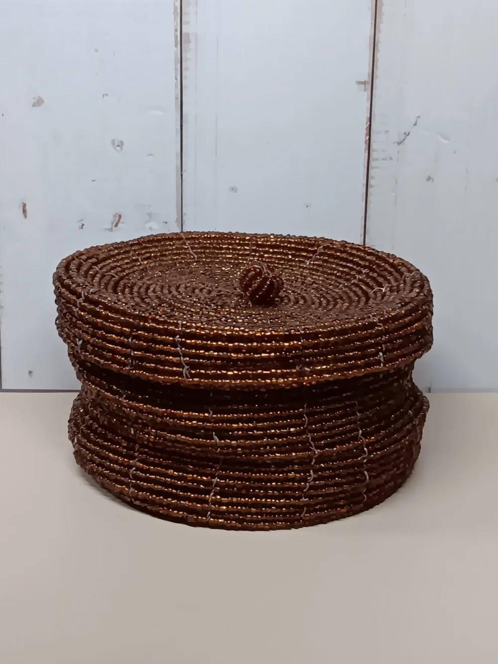 Hand Crafted Copper Brown Beaded Lidded Basket 4